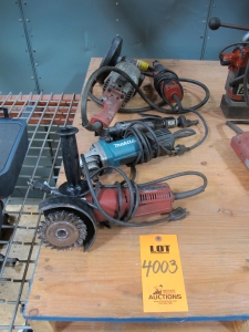 LOT TO INCLUDE: (3) MILWAUKEE ELECTRIC GRINDERS, (1) MAKITA ELECTRIC GRINDER, (1) AIRFLO PNEUMATIC AIR GRINDER. LOADING & HANDLING FEE $5-4003